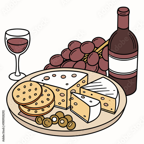 vector illustration cheese plate, isolated on white background, delicious wine snack set