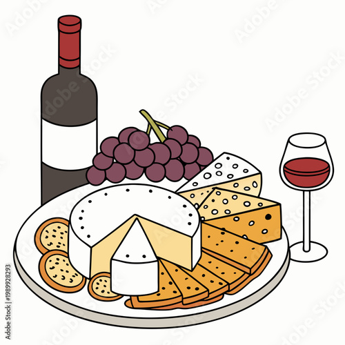vector illustration cheese plate, isolated on white background, delicious wine snack set