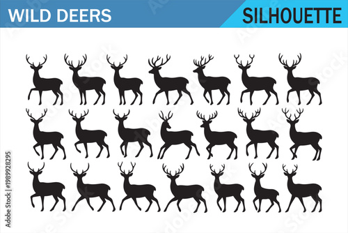 Wildlife deer silhouettes in black with varied standing and walking poses