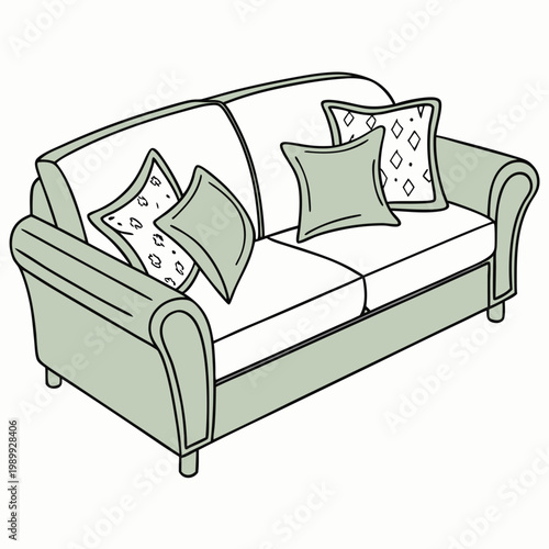 Nice green sofa with pillows over white background