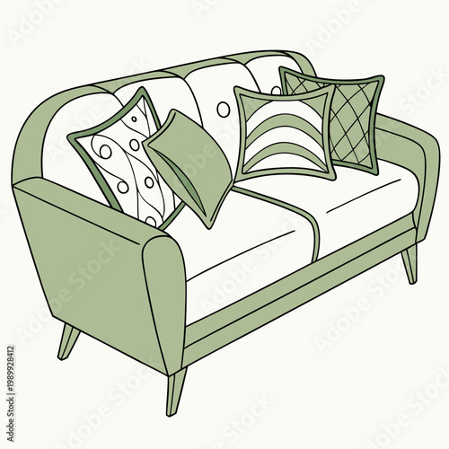 Nice green sofa with pillows over white background