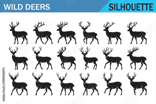 Woodland deer silhouette collection with antlered stag side views