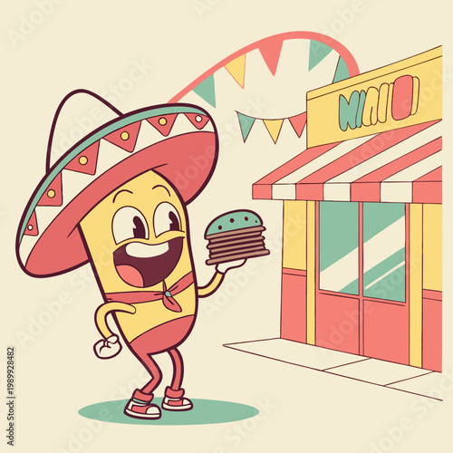 Cartoon groovy fast food tacos cheerful character. Mexican cuisine street cafe snack cartoon funny mascot, cheerful groovy isolated vector personage. Fast food meal or takeaway tacos happy character