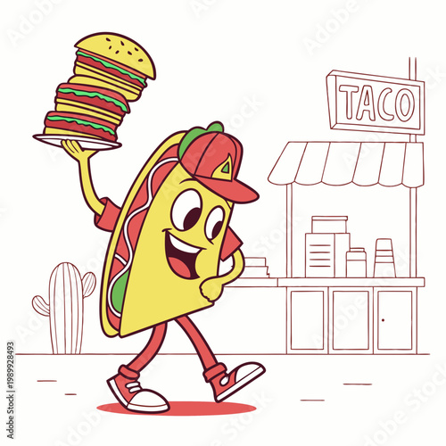 Cartoon groovy fast food tacos cheerful character. Mexican cuisine street cafe snack cartoon funny mascot, cheerful groovy isolated vector personage. Fast food meal or takeaway tacos happy character