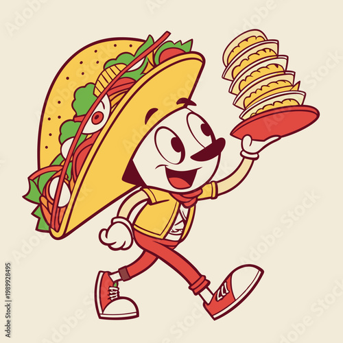 Cartoon groovy fast food tacos cheerful character. Mexican cuisine street cafe snack cartoon funny mascot, cheerful groovy isolated vector personage. Fast food meal or takeaway tacos happy character