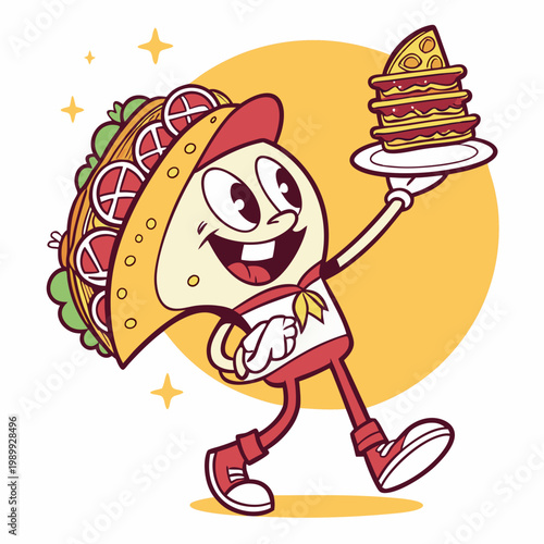 Cartoon groovy fast food tacos cheerful character. Mexican cuisine street cafe snack cartoon funny mascot, cheerful groovy isolated vector personage. Fast food meal or takeaway tacos happy character