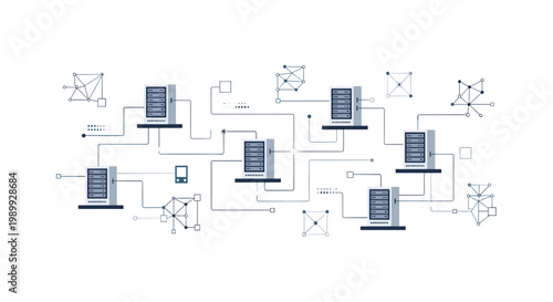 A meticulous digital network diagram features multiple server racks interconnected by complex gray lines and geometric node clusters on a pristine white background.