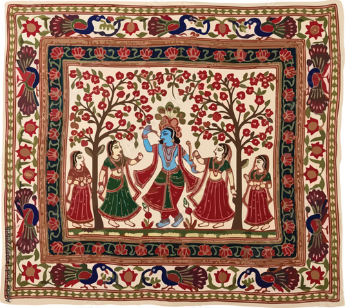 Hand embroidered indian tapestry, krishna with gopis under blossoming trees, peacock border