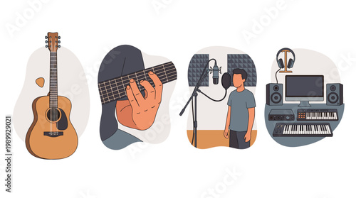 Acoustic guitar and music production vector set: recording studio equipment and guitarist hands illustrations
