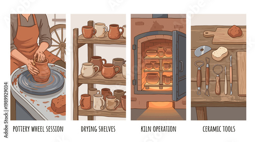 Pottery making process flat vector illustrations: wheel, ceramic mugs, kiln, and clay tools.