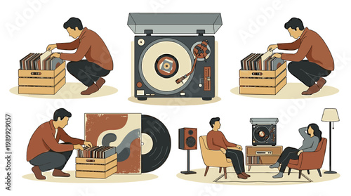 Vinyl record collection and turntable illustrations: music listening, crate digging, and audiophile hobby scenes.