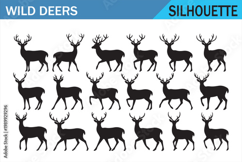 Black deer silhouettes collection featuring standing and walking stag poses