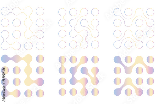 Diagonal metaball connected circles shape. Abstract nerve cell dots or computer nano net . Pattern of black metaballs isolated on white background. Metaball dot icon symbol set Set color metaballs set