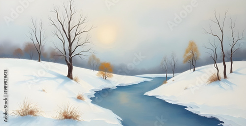 snowy landscape, winter scene, peaceful nature, frozen lake, dark water, snow reflection, cold environment, serene view, winter painting, calm water, snowy day, nature art, tranquil scene, icy lake, w