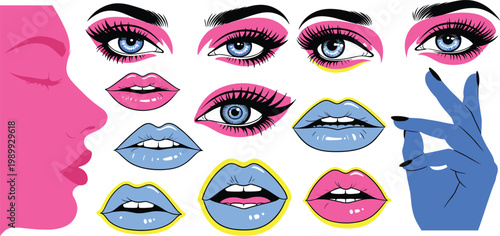 Fashion Beauty Makeup Elements Set with Glamorous Female Eyes Lips Hand and Face in Vibrant Pop Art Style Vector Illustration Collection Bundle Design