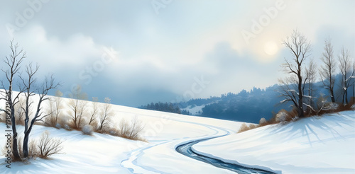 winter, snow, water, lake, cold, landscape, nature, peaceful, calm, reflection, dark, contrast, serene, frost, outdoor, painting, soft