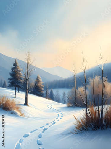 snowy landscape, winter scene, peaceful nature, frozen lake, dark water, snow reflection, cold environment, serene view, winter painting, calm water, snowy day, nature art, tranquil scene, icy lake, w