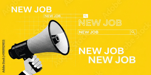 New Job Announcement with Megaphone Search Bar and Hiring Promotion Concept for Career Recruitment Modern Vector Illustration Design