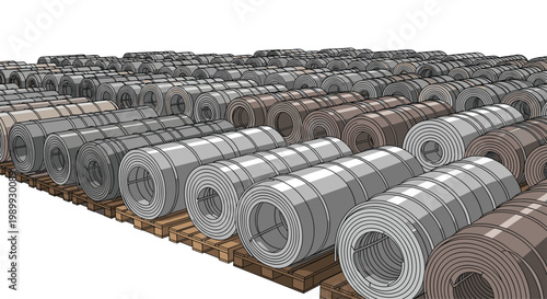 A vast industrial array of cylindrical metal coils is neatly organized on wooden pallets stretching toward the white horizon in a repeating pattern.