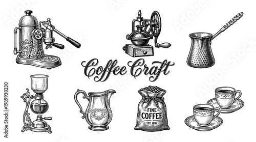 Vintage Coffee Craft Vector Illustration Set with Detailed Engraving Style Espresso Machine, Grinder, Syphon, and Brewing Accessories