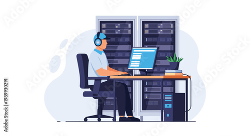 A dedicated male system administrator wearing a blue cap and headset operates a computer in a modern server room filled with glowing equipment racks.