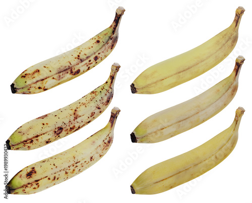 Isolated Yellow Ripe Bananas In Different Stage Of Ripeness With Brown Sugar Spots Senescence Spots 3d Illustration