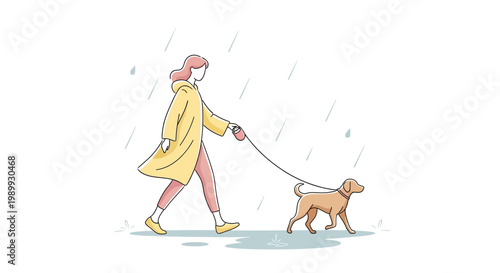 Vector art depicts a woman in a yellow raincoat walking her dog during an April rain shower against a simple white background, creating a peaceful and slightly melancholic mood, done