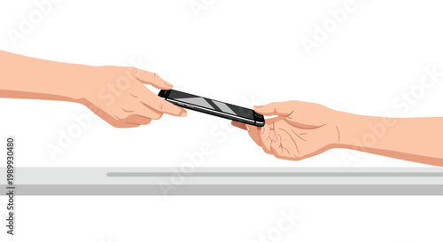 Two hands are shown in a detailed close-up shot passing a sleek black smartphone over a clean white horizontal surface against a simple plain background.