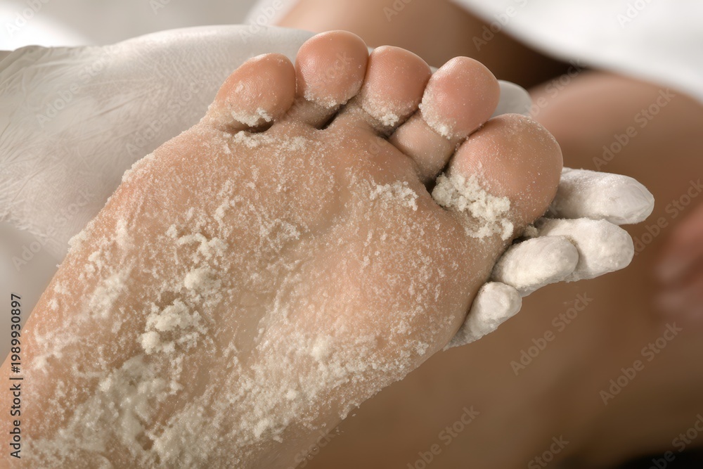 Fototapeta premium Close-up of a person's foot covered in white powder, possibly for a spa treatment or medical procedure.