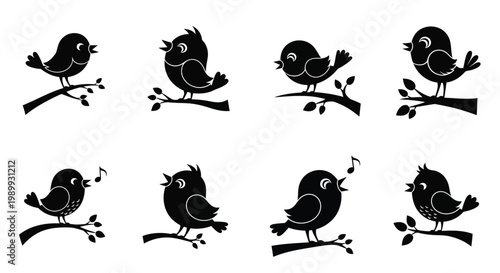 Simple black and white illustration of several birds perched on branches