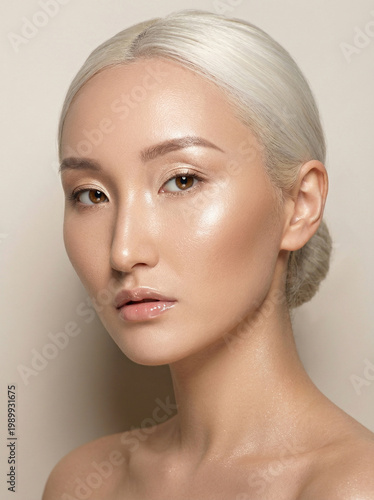 Portrait of asian young woman in beige color