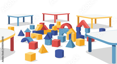 A vibrant collection of red blue and yellow geometric building blocks lies scattered on a white floor surrounded by several small colorful preschool tables.