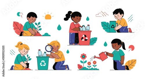 Illustrated vector art for Earth Day education shows children planting trees, cleaning up the environment by recycling, and protecting the Earth, all depicted as flat design icons
