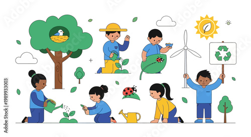 Illustrated Earth Day scene shows diverse children participating in environmental education activities like planting trees and cleaning, with a bright, cheerful mood and a clean white