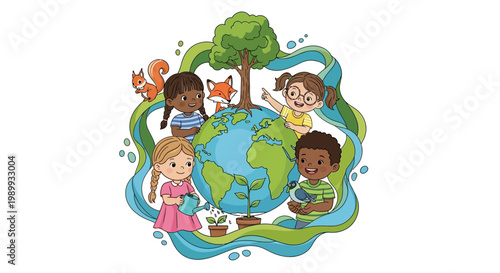 An Earth Day vector illustration depicts children surrounding the globe, planting a tree and cleaning the environment in a cartoon design with a joyful mood against a clean white