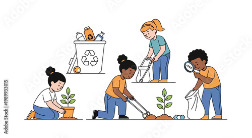 Vector illustration depicting children participating in Earth Day education, planting trees, and cleaning up the environment against a white background, with a focus on environmental