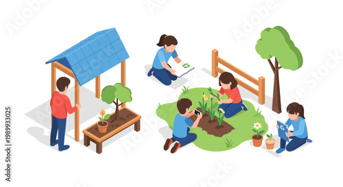 Isometric vector illustration of children participating in Earth Day education, planting trees and cleaning up the environment in a garden with a blue-roofed potting station, all depicted