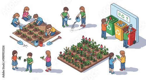 Isometric vector art shows children participating in Earth Day education activities, including planting seeds and trees, cleaning up the environment, and recycling, set against a clean
