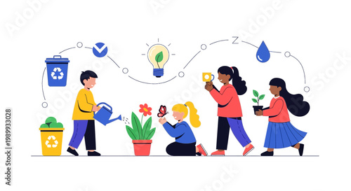 A colorful vector illustration shows children participating in Earth Day education activities, including planting trees and cleaning up the environment, against a clean white background
