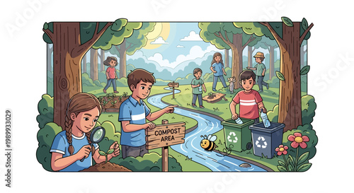 Illustrated vector art of children participating in Earth Day education activities, including planting trees and cleaning up the environment near a river, set against a whimsical forest