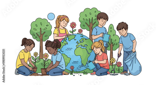 Cartoon illustration of children participating in Earth Day education activities, including planting trees and cleaning up the environment, depicted in a bright, joyful, and colorful vector