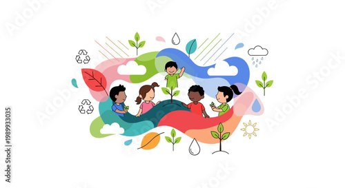 Illustrated vector art depicting children participating in Earth Day education, planting trees and cleaning up the environment against a white background, designed with colorful icons