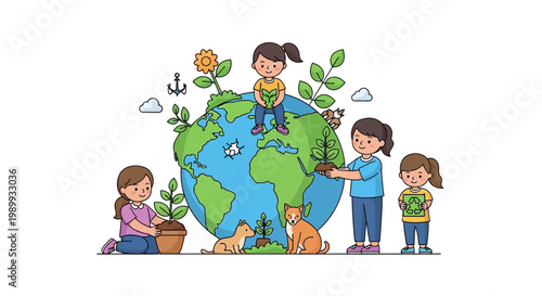 Vector art showing children participating in Earth Day education, planting trees and cleaning up the environment while protecting the Earth, presented in a colorful, cartoon-like style
