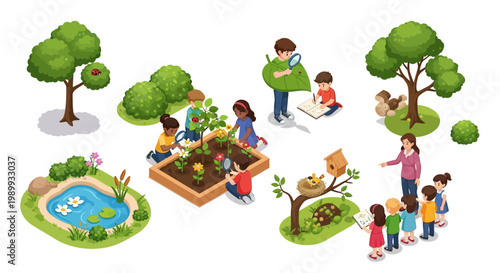 Isometric vector art depicting children participating in Earth Day education, planting seeds in a raised garden bed and learning about nature with their teacher, set against a clean white