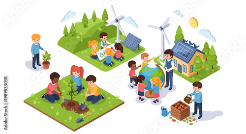 Isometric vector art promoting Earth Day education, depicting diverse children planting trees, cleaning the environment, and learning about renewable energy near wind turbines