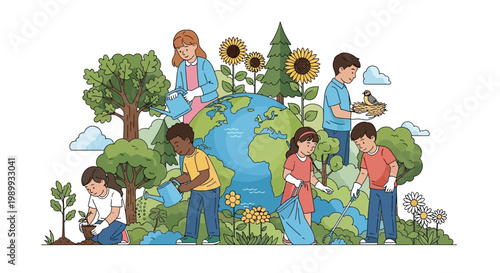 Illustrated characters participate in an Earth Day event, planting trees and cleaning up the environment around a cartoon globe with sunflowers, conveying a bright and hopeful mood