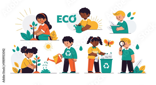 Vector illustration of children participating in Earth Day activities like planting trees and cleaning up the environment, rendered with bright, cheerful colors against a clean background