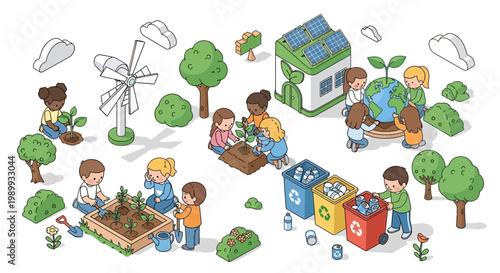 Isometric vector art illustrates children participating in Earth Day activities, including planting trees, cleaning up the environment, and protecting the Earth, set against a clean white