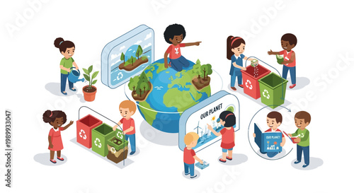 Illustrated vector art promoting Earth Day education depicts children planting trees, recycling, and cleaning, set against a white background with a hopeful and optimistic mood to encourage