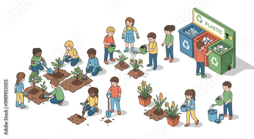 Illustrated vector art for an Earth Day event shows children engaged in environmental education, planting trees and cleaning up, with recycling bins in the background, creating a hopeful